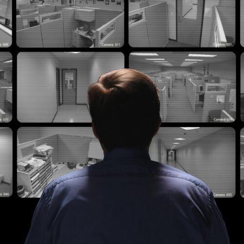 Cette image montre une personne observant plusieurs flux de vidéosurveillance sur un écran. Les flux montrent divers espaces de bureaux vides, des cubicles, des couloirs et des salles de réunion, capturés sous différents angles. La personne, vue de dos, porte une chemise bleue et semble surveiller attentivement les images de sécurité. L'image a un effet en noir et blanc, ce qui ajoute au contexte de la surveillance.