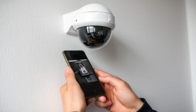 Application de camré de surveillance avec une caméra. Une main tient le téléphone.