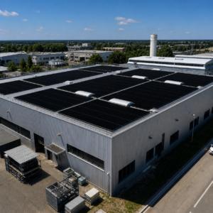 Panneaux photovoltaïques installés sur la toiture d'une entreprise. La toiture est plate et les panneaux photovoltaïques y sont posés. On aperçoit également d'autres usines aux alentours.