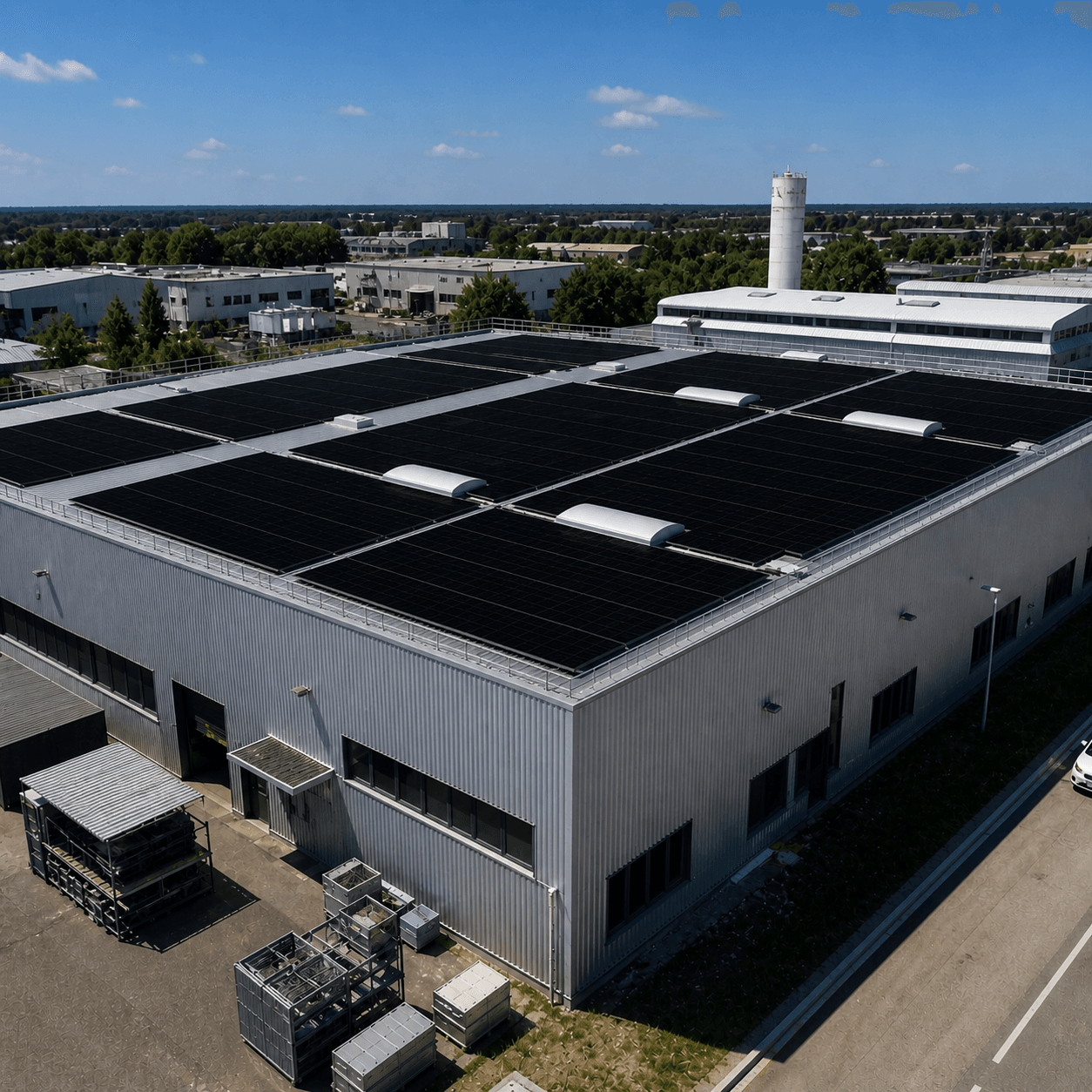 Panneaux photovoltaïques installés sur la toiture d'une entreprise. La toiture est plate et les panneaux photovoltaïques y sont posés. On aperçoit également d'autres usines aux alentours.